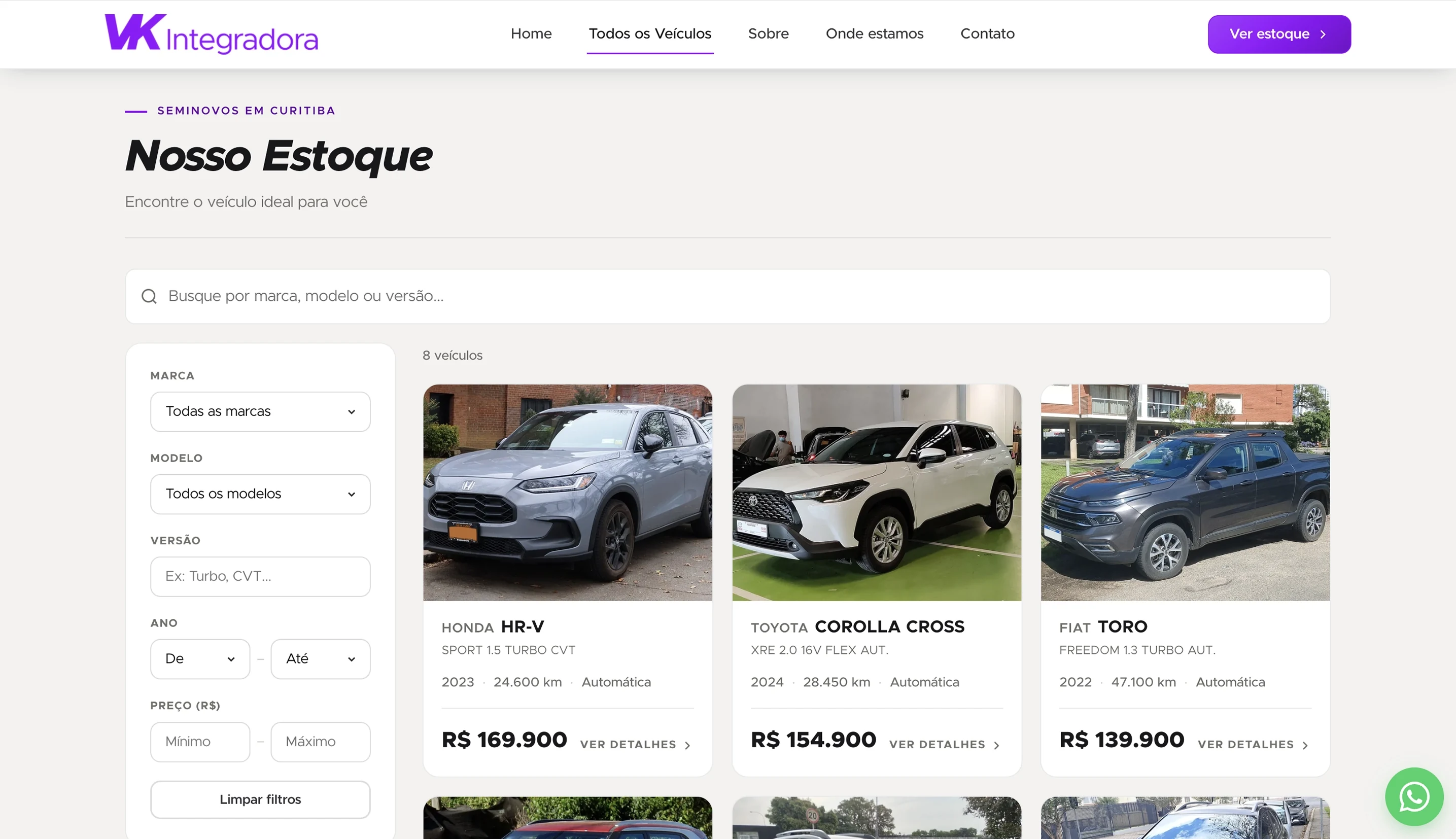 Site próprio de uma loja com o estoque da VK Integradora